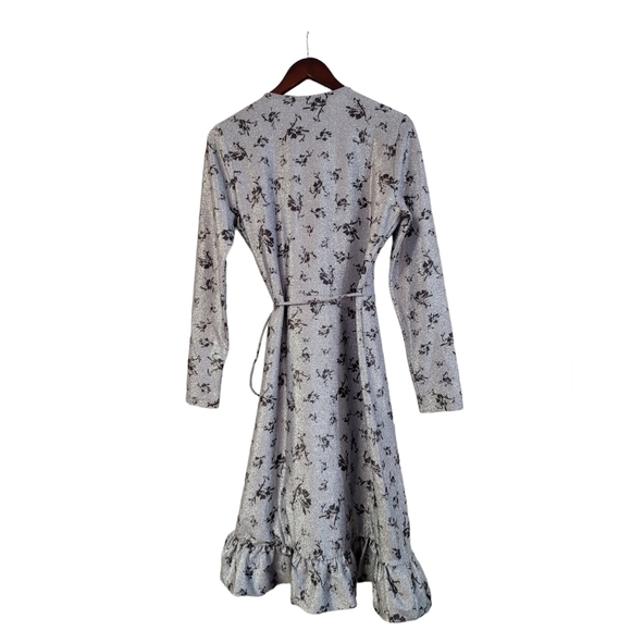 NWOT Ganni Women's Blue Silver Metallic Floral Long Sleeve Wrap Midi Dress 8 - Picture 3 of 5